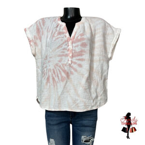Lucky Brand Relaxed Fit TieDye Tee Large White Pink Cap Sleeve Button V-neck Top